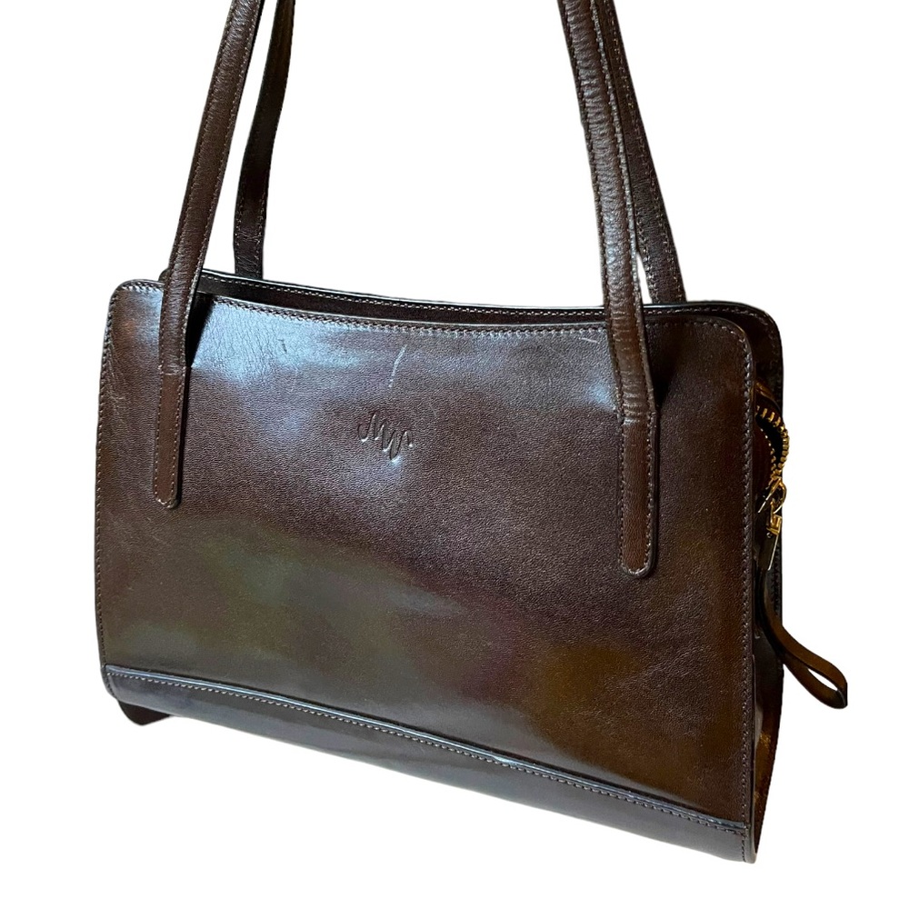 Monsac Brown Leather Handbag 10” wide 7” tall 3” actroos at bottom